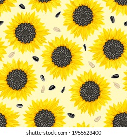 Sunflower plant and seeds on yellow background. Seamless pattern with blooming sunflowers. Vector illustration in cartoon flat style.