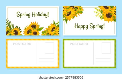 Sunflower Postcard Design with Field Crop Vector Template