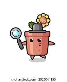 sunflower pot cartoon character searching with a magnifying glass , cute style design for t shirt, sticker, logo element