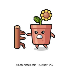 sunflower pot cartoon illustration as a karate fighter , cute style design for t shirt, sticker, logo element