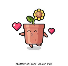 sunflower pot character cartoon with kissing gesture , cute style design for t shirt, sticker, logo element
