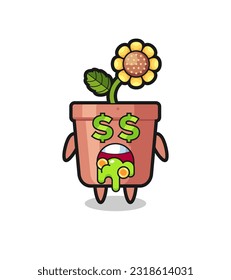 sunflower pot character with an expression of crazy about money , cute style design for t shirt, sticker, logo element