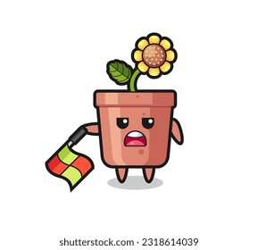sunflower pot character as line judge hold the flag down at a 45 degree angle , cute style design for t shirt, sticker, logo element