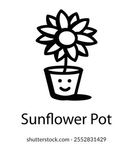 Sunflower pot icon in doodle style 