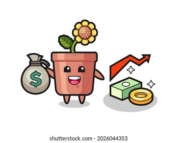 sunflower pot illustration cartoon holding money sack , cute style design for t shirt, sticker, logo element