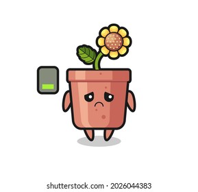 sunflower pot mascot character doing a tired gesture , cute style design for t shirt, sticker, logo element