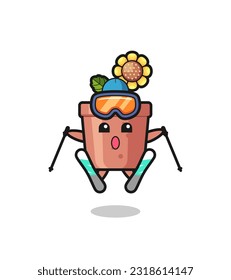 sunflower pot mascot character as a ski player , cute style design for t shirt, sticker, logo element