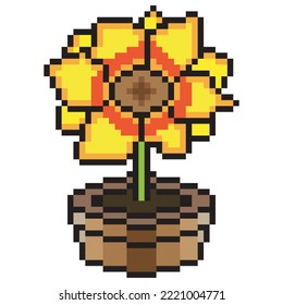Sunflower in pot. Pixel art vector icon illustration.