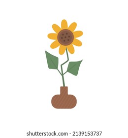 Sunflower in a pot. Yellow flower with long stem. Vector illustration. Print for apparel, cards, posters.