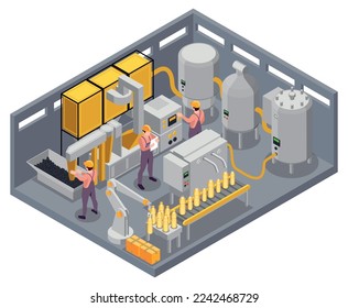 Sunflower production isometric composition with isolated view of indoor workshop with canisters tanks lines and workers vector illustration