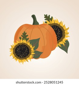 Sunflower Pumpkin with Autumn Leaves Vector Illustration 
