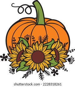 Sunflower Pumpkin Color (Autumn Floral Design). Vector Illustration.