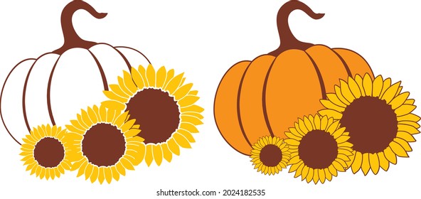 Sunflower pumpkins svg vector Illustration isolated on white background.Fall pumpkin with sunflower printable image. Autumn sublimation decor