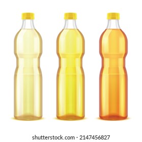 Sunflower refined oil realistic set of three plastic bottles with different shades of yellow product isolated vector illustration