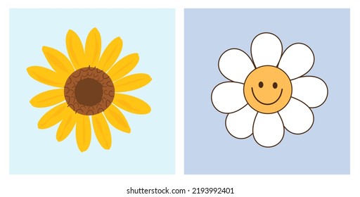 Sunflower and retro daisy cartoon on blue backgrounds vector illustration. 