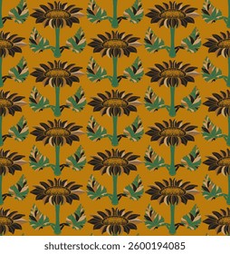 Sunflower. Seamless floral pattern with stylized decorative flowers and leaves in folk art style. Vintage ornamental print inspired by traditional motifs. Ideal for textiles, wallpaper and stationery.