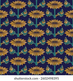 Sunflower. Seamless floral pattern with stylized decorative flowers and leaves in folk art style. Vintage ornamental print inspired by traditional motifs. Ideal for textiles, wallpaper and stationery.