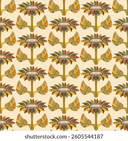 Sunflower. Seamless floral pattern with stylized decorative flowers and leaves in folk art style. Vintage ornamental print inspired by traditional motifs. Ideal for textiles, wallpaper and stationery.