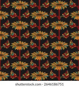 Sunflower. Seamless floral pattern with stylized decorative flowers and leaves in folk art style. Vintage ornamental print inspired by traditional motifs. Ideal for textiles, wallpaper and stationery.
