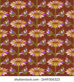 Sunflower. Seamless floral pattern with stylized decorative flowers and leaves in folk art style. Vintage ornamental print inspired by traditional motifs. Ideal for textiles, wallpaper and stationery.