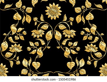 Sunflower. Seamless pattern, background. In art nouveau style, vintage, old, retro style. In gold and black.	