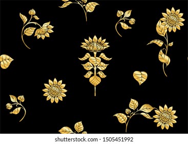 Sunflower. Seamless pattern, background. In art nouveau style, vintage, old, retro style. In gold and black.	