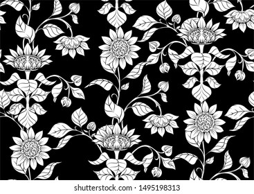 Sunflower. Seamless pattern, background. Black and white graphics. Vector illustration. In art nouveau style, vintage, old, retro style.	