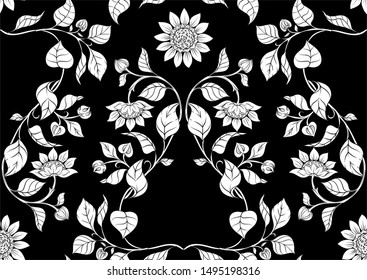 Sunflower. Seamless pattern, background. Black and white graphics. Vector illustration. In art nouveau style, vintage, old, retro style.	