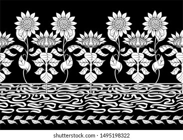 Sunflower. Seamless pattern, background. Black and white graphics. Vector illustration. In art nouveau style, vintage, old, retro style.	