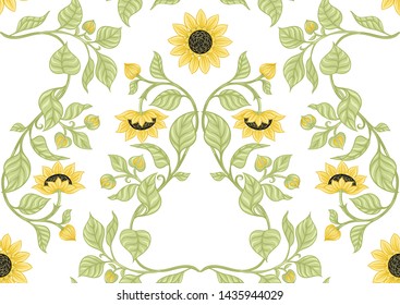 Sunflower. Seamless pattern, background. Colored vector illustration. In art nouveau style, vintage, old, retro style.	