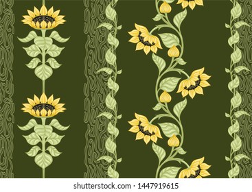 Sunflower. Seamless pattern, background. Colored vector illustration. In art nouveau style, vintage, old, retro style. On army green background.	