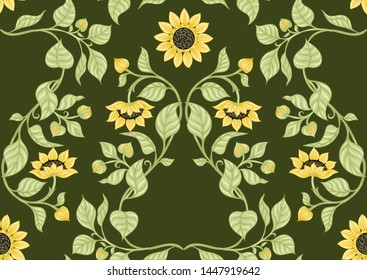 Sunflower. Seamless pattern, background. Colored vector illustration. In art nouveau style, vintage, old, retro style. On army green background.	