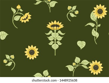 Sunflower. Seamless pattern, background. Colored vector illustration. In art nouveau style, vintage, old, retro style. On army green background.	