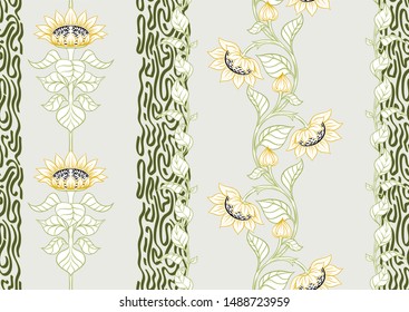 Sunflower. Seamless pattern, background. Colored vector illustration. Outline hand drawing vector illustration. In art nouveau style, vintage, old, retro style.	