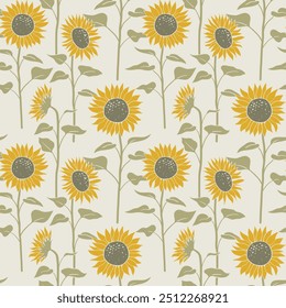 Sunflower seamless pattern background. Hand drawn autumn or fall illustration and wallpaper art. Lino stamp style.