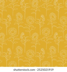 Sunflower seamless pattern background. Hand drawn autumn or fall illustration. Line art wallpaper design. Doodle graphic.