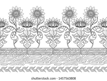 Sunflower. Seamless pattern, background. Outline hand drawing vector illustration. In art nouveau style, vintage, old, retro style.	