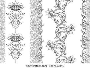 Sunflower. Seamless pattern, background. Outline hand drawing vector illustration. In art nouveau style, vintage, old, retro style.	
