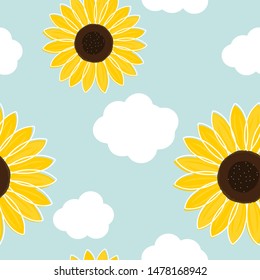 Sunflower seamless pattern, beautiful flower with cloud on the sky background vector illustration.