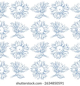Sunflower seamless pattern in blue line art. Hand drawn background in Mediterranean La dolce vita with blue sunflowers sketch for summer textile, packaging, wallpaper, or gift wrapping design.