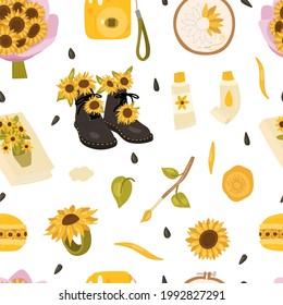 Sunflower seamless pattern with bouquet of flowers, camera, oil paints, brushes, notebook,