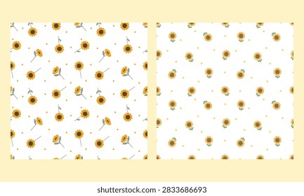 Sunflower seamless pattern collection set. Cute hand drawn small sunflowers and yellow polka dots repeat pattern bundle on white background.