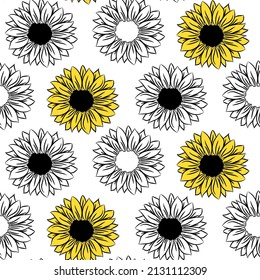 Sunflower seamless pattern drawing and outline. Blooming flowers background. Black, yellow and white illustration.