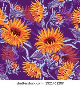 Sunflower seamless pattern. Sunflower fabric background. Vector illustration.