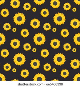 Sunflower seamless pattern, Flat design of agriculture, food or floral object on the dark background, vector illustration
