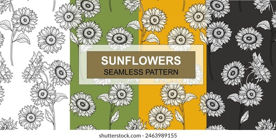 Sonnenblume nahtloses Muster. Floraler nahtloser Hintergrund. Linie Kunst Blume Nahtlose Muster mit Grün. Umriss Nahtloser Blumenhintergrund. Strichzeichnung Blumenhintergrund
