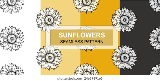 Sunflower Seamless Pattern. Floral Seamless Background. Line Art Flower Seamless Patterns with Greenery. Outline Seamless floral background. Line Drawing Floral Background
