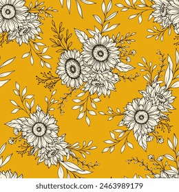 Sunflower Seamless Pattern. Floral Seamless Background. Line Art Flower Seamless Patterns with Greenery. Outline Seamless floral background. Line Drawing Floral Background