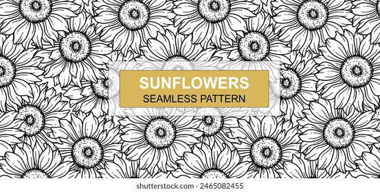 Sunflower Seamless Pattern. Floral Seamless Background. Line Art Flower Seamless Patterns with Greenery. Outline Seamless floral background. Line Drawing Floral Background
