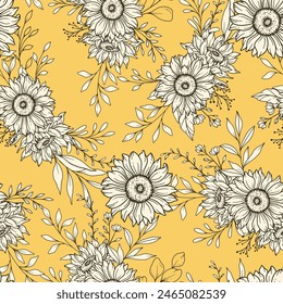 Sunflower Seamless Pattern. Floral Seamless Background. Line Art Flower Seamless Patterns with Greenery. Outline Seamless floral background. Line Drawing Floral Background